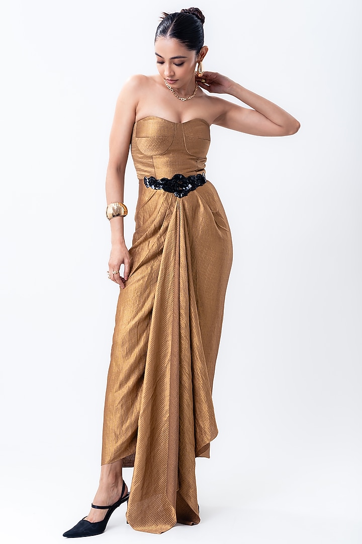Gold Banarasi Silk & Organza Jacket Party Wear Dress by Nupur Kanoi at Pernia's Pop Up Shop