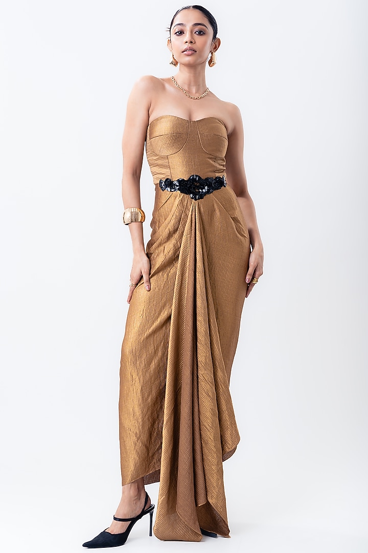 Gold Banarasi Silk Cocktail Dress by Nupur Kanoi at Pernia's Pop Up Shop
