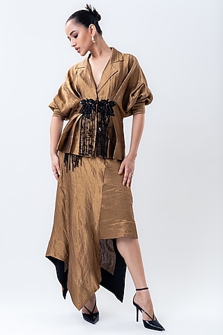 Gold Banarasi Silk Asymmetric Skirt Set by Nupur Kanoi