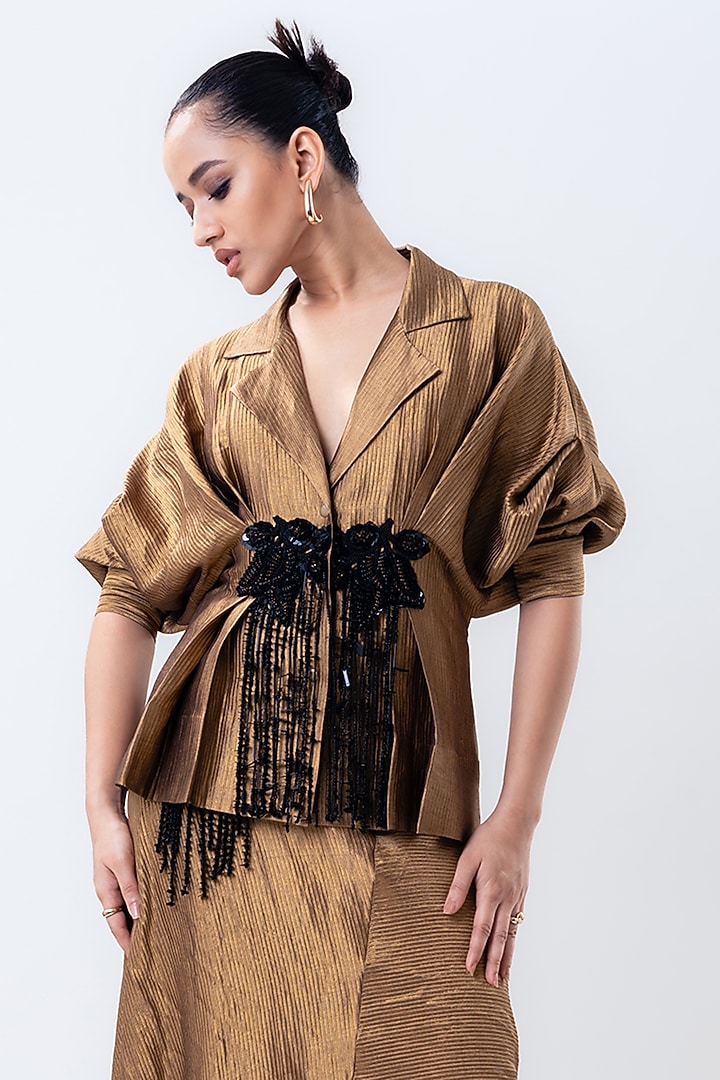 Gold Banarasi Silk Asymmetric Skirt Set by Nupur Kanoi at Pernia's Pop Up Shop