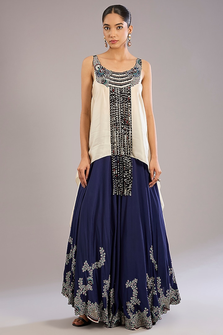 Navy Blue Crepe Hand Embroidered Bridal Sharara Set by Nupur Kanoi at Pernia's Pop Up Shop