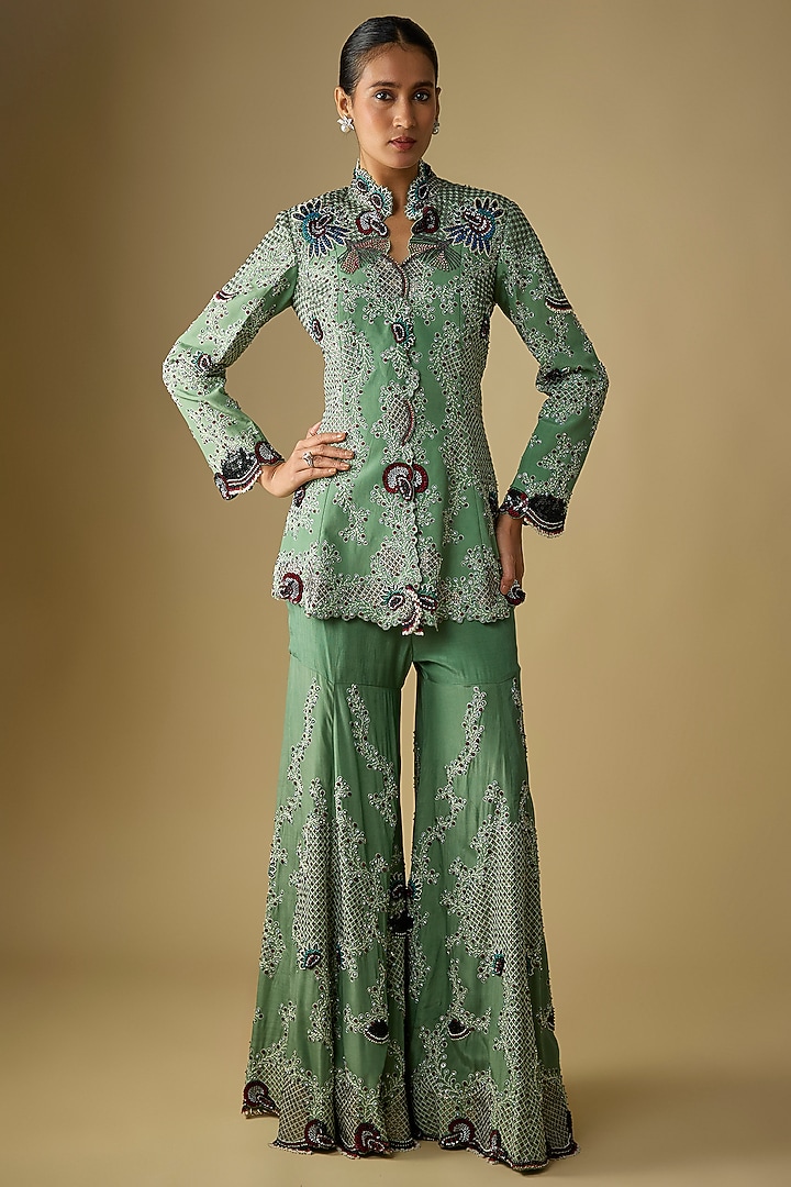 Mint Crepe Hand Embroidered Gharara Set by Nupur Kanoi at Pernia's Pop Up Shop