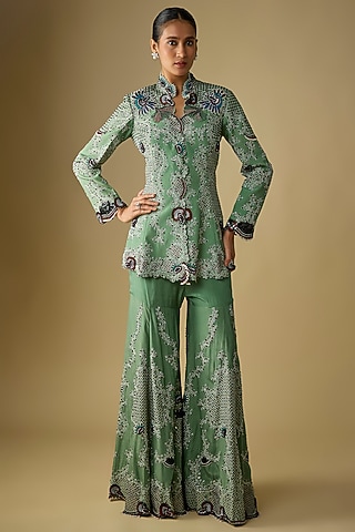 Mint Crepe Hand Embroidered Gharara Set by Nupur Kanoi