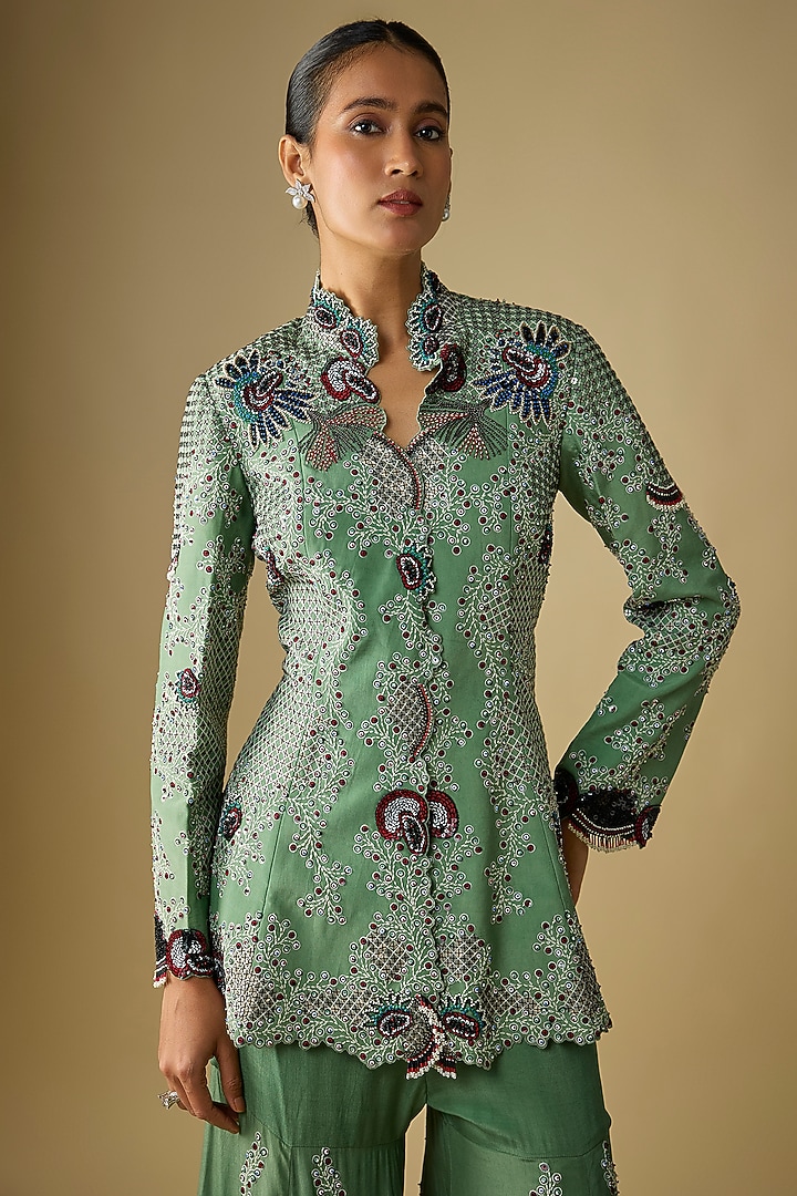 Mint Crepe Hand Embroidered Gharara Set by Nupur Kanoi at Pernia's Pop Up Shop