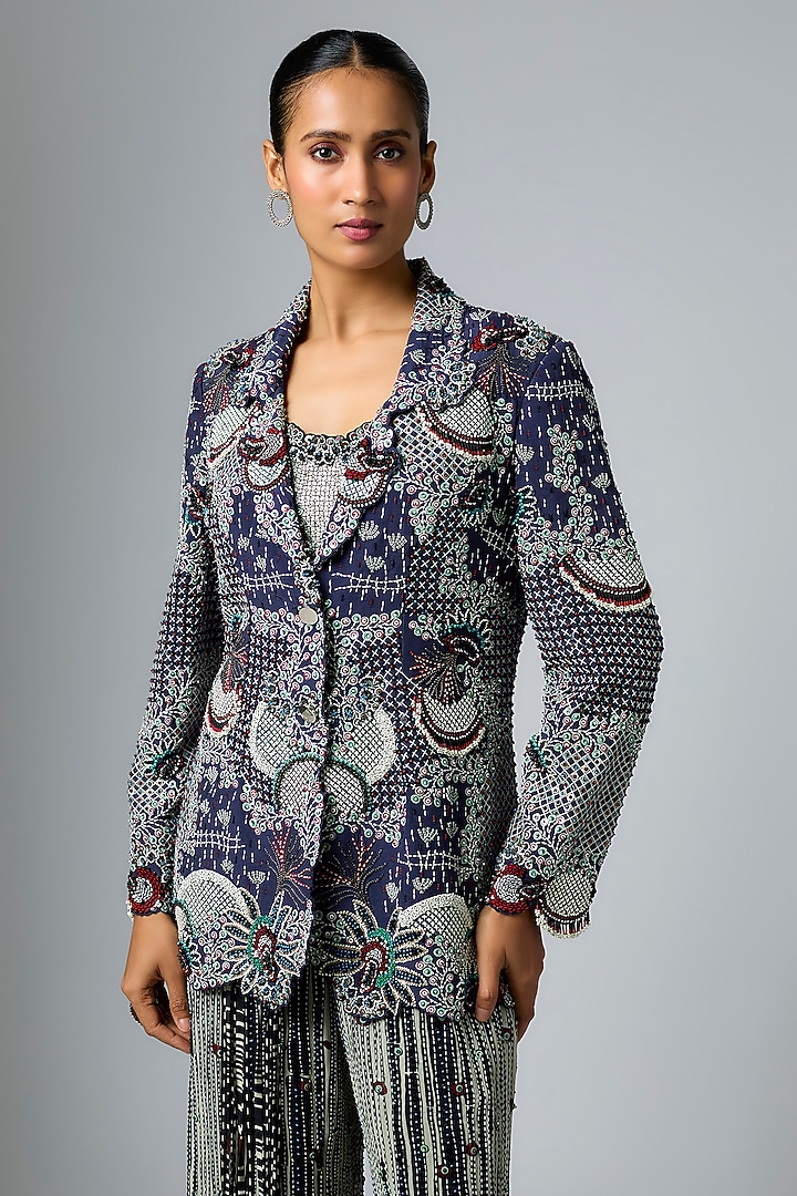 Navy Blue & Black Georgette Hand Embroidered Co-Ord Set by Nupur Kanoi at Pernia's Pop Up Shop