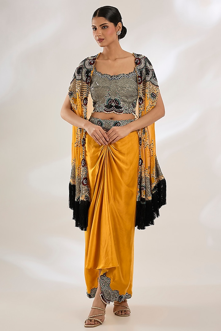 Mustard Georgette Hand Embroidered Cape Set by Nupur Kanoi at Pernia's Pop Up Shop