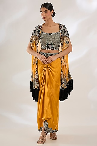 Mustard Georgette Hand Embroidered Cape Set by Nupur Kanoi