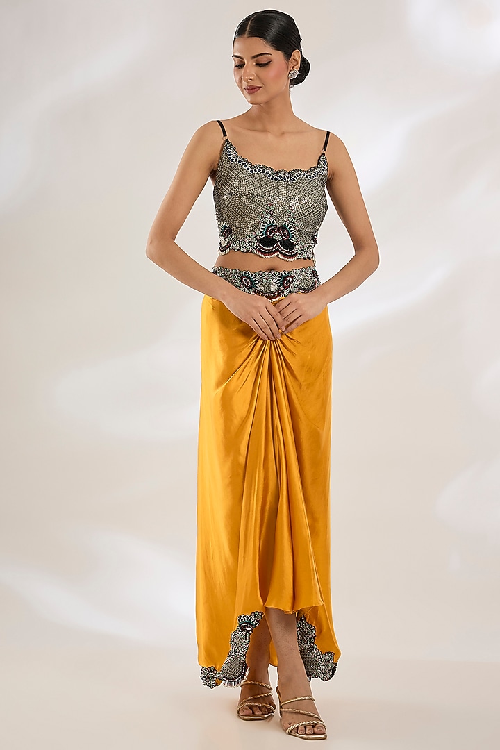 Mustard Georgette Hand Embroidered Cape Set by Nupur Kanoi at Pernia's Pop Up Shop