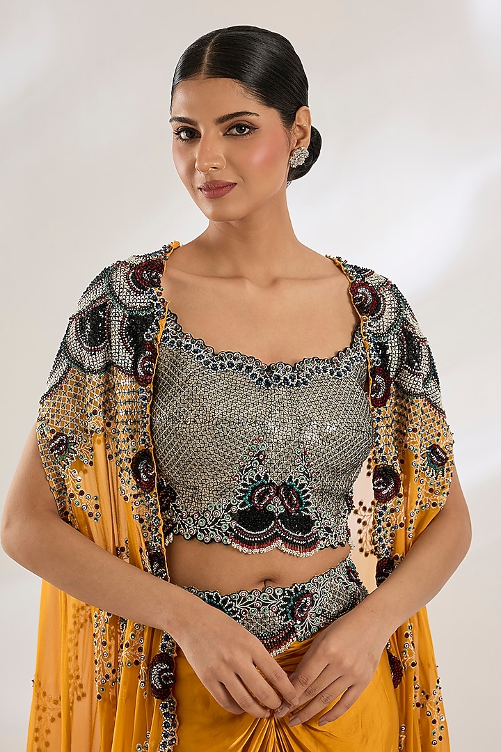 Mustard Georgette Hand Embroidered Cape Set by Nupur Kanoi at Pernia's Pop Up Shop