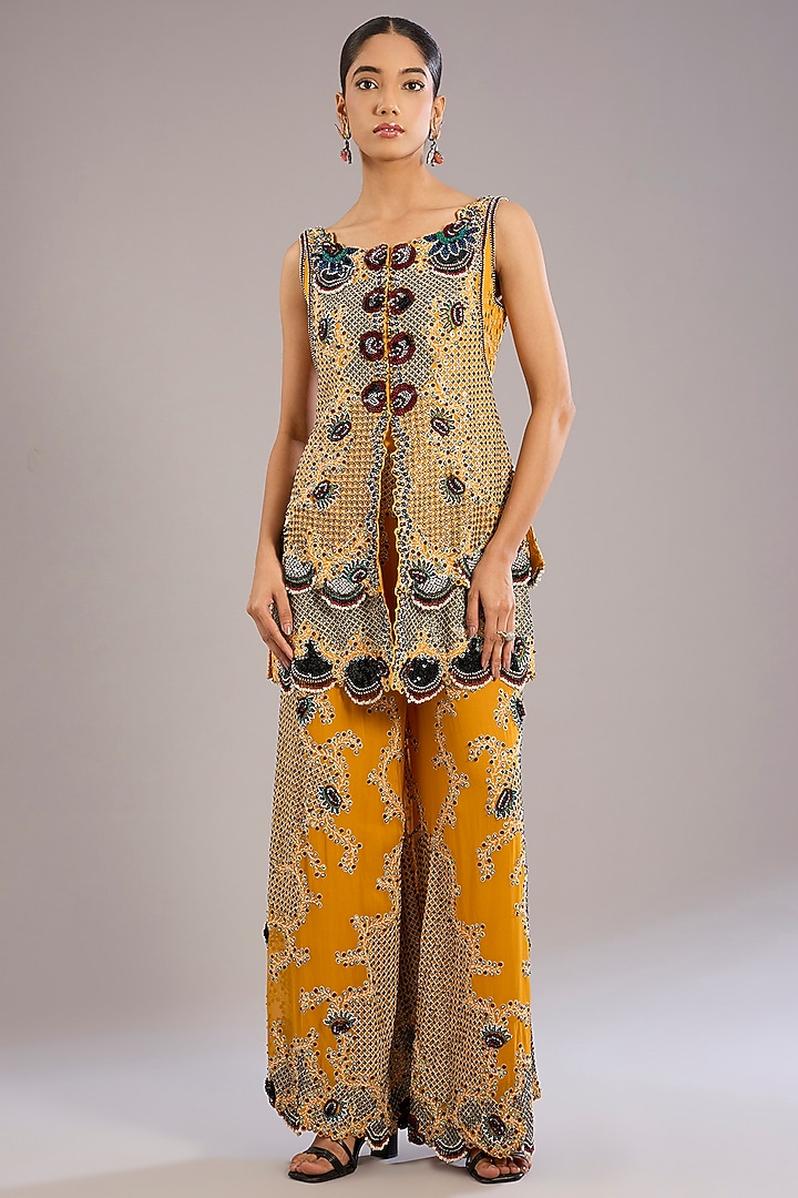 Mustard Yellow Crepe & Georgette Hand Embroidered Kurta Set by Nupur Kanoi at Pernia's Pop Up Shop