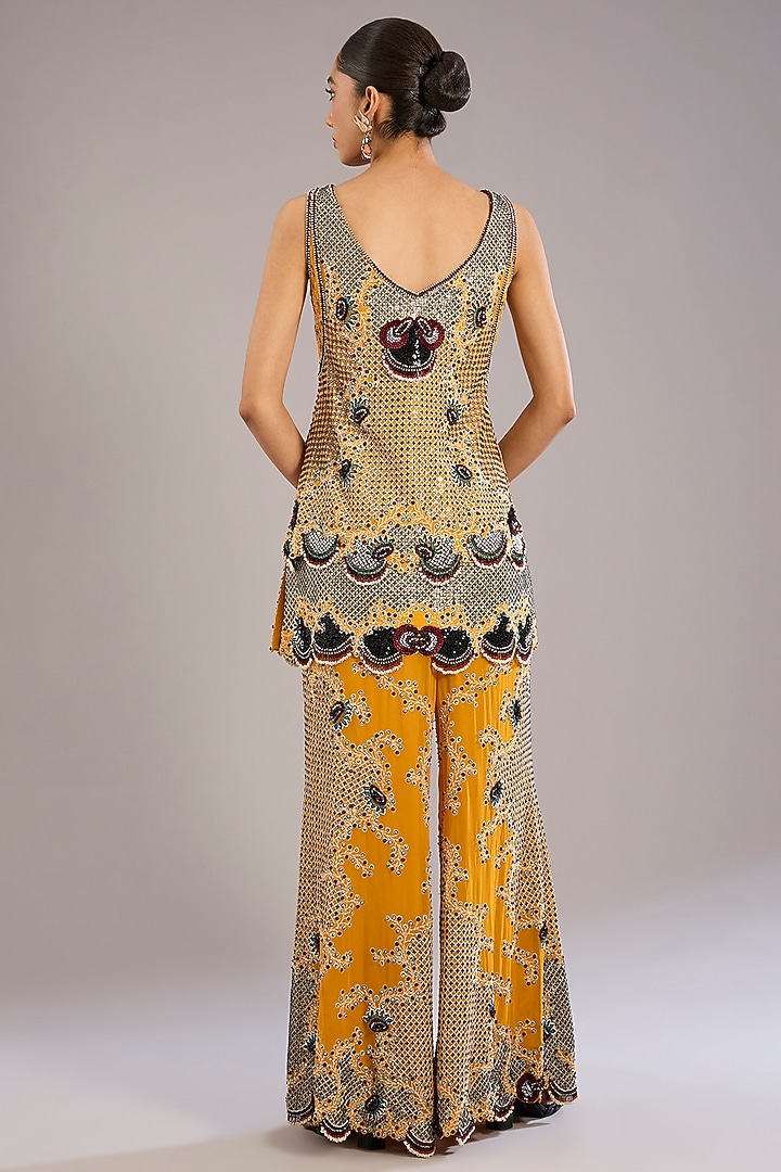 Mustard Yellow Crepe & Georgette Hand Embroidered Kurta Set by Nupur Kanoi at Pernia's Pop Up Shop