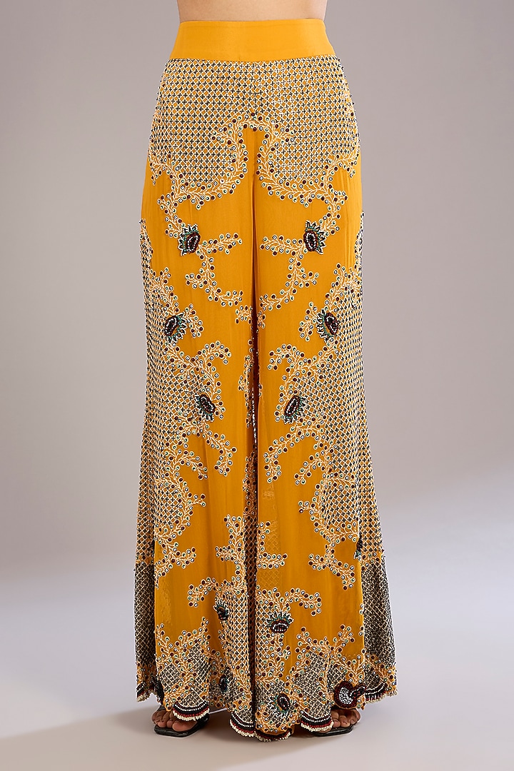 Mustard Yellow Crepe & Georgette Hand Embroidered Kurta Set by Nupur Kanoi at Pernia's Pop Up Shop