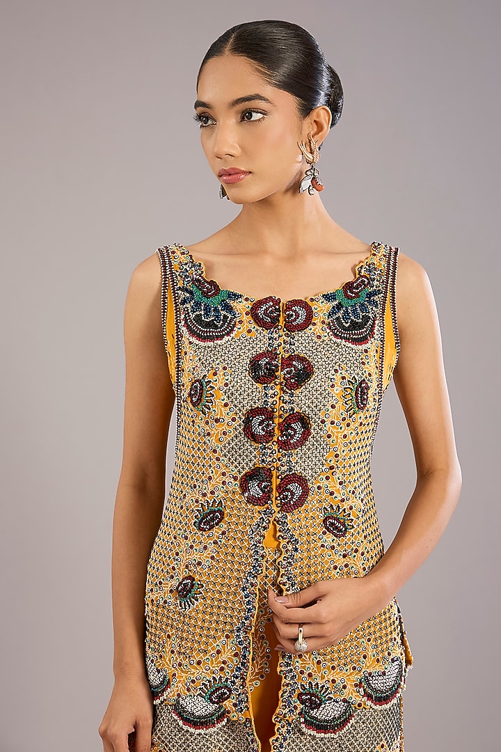 Mustard Yellow Crepe & Georgette Hand Embroidered Kurta Set by Nupur Kanoi at Pernia's Pop Up Shop