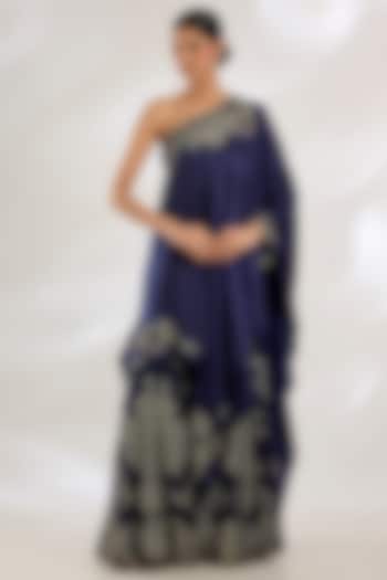 Navy Satin & Lycra Hand Embroidered One-Shoulder Cape Set by Nupur Kanoi at Pernia's Pop Up Shop