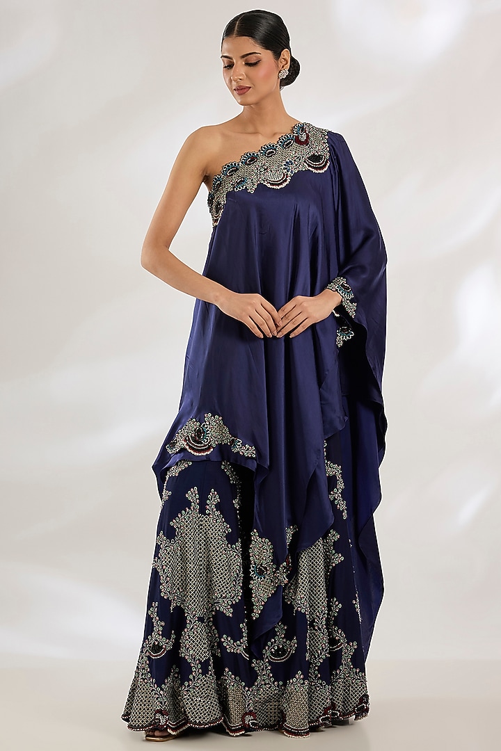 Navy Satin & Lycra Hand Embroidered One-Shoulder Cape Set by Nupur Kanoi at Pernia's Pop Up Shop
