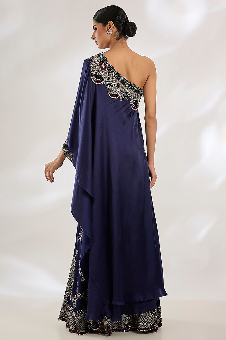 Navy Satin & Lycra Hand Embroidered One-Shoulder Cape Set by Nupur Kanoi at Pernia's Pop Up Shop