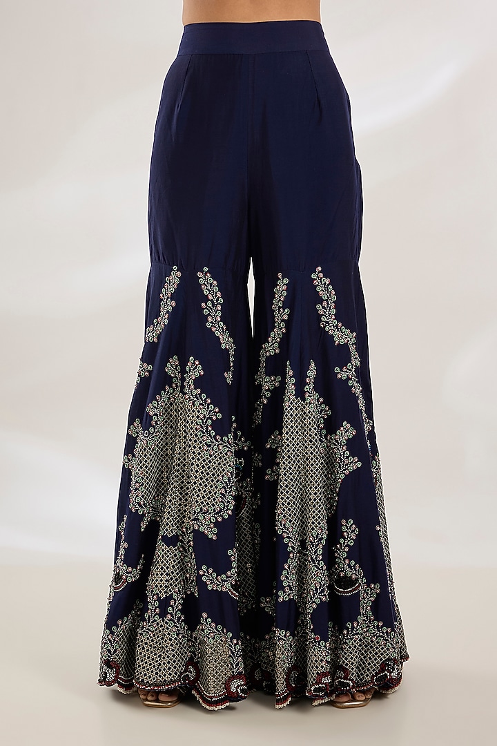 Navy Satin & Lycra Hand Embroidered One-Shoulder Cape Set by Nupur Kanoi at Pernia's Pop Up Shop