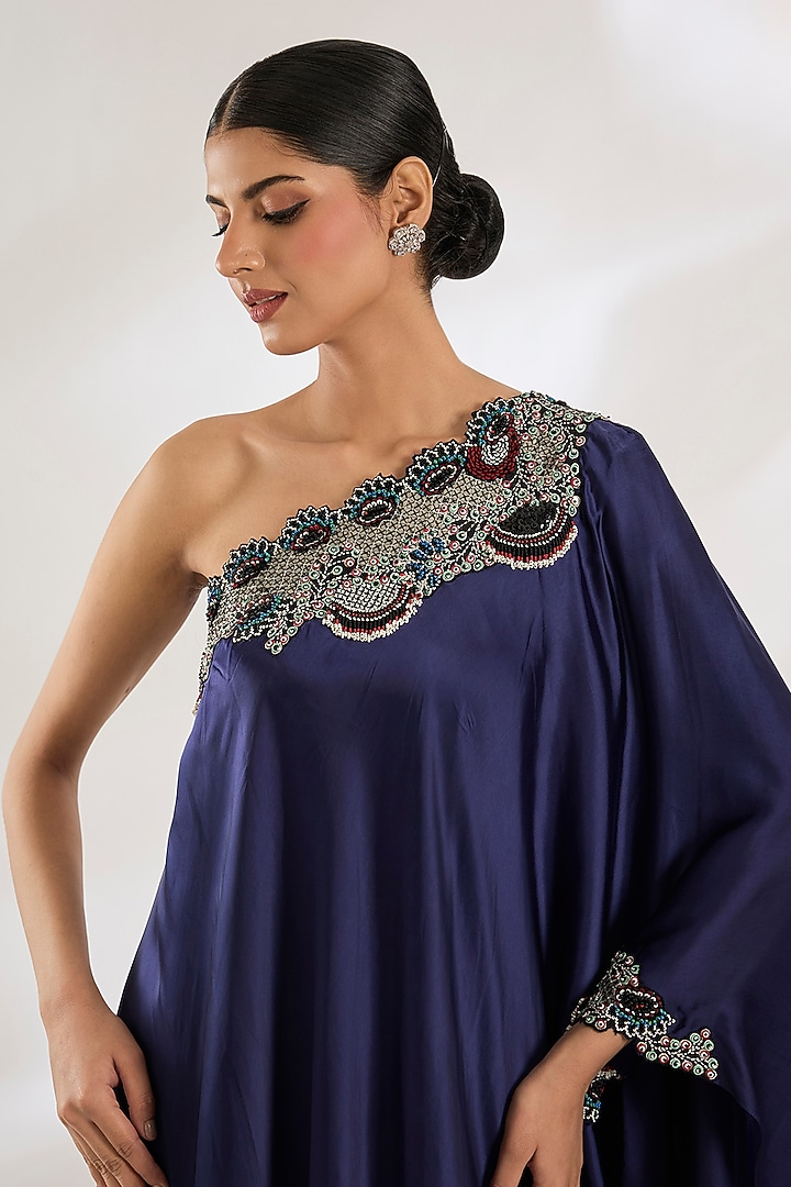 Navy Satin & Lycra Hand Embroidered One-Shoulder Cape Set by Nupur Kanoi at Pernia's Pop Up Shop