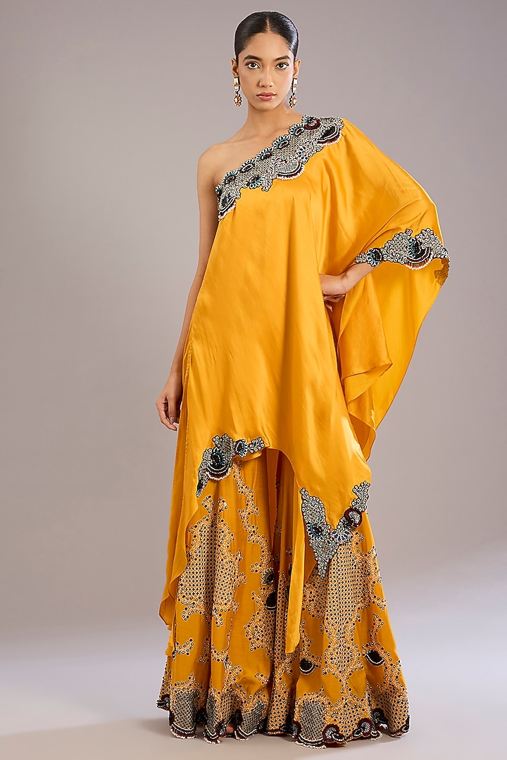 Mustard Yellow Crepe & Silk Hand Embroidered Gharara Set by Nupur Kanoi at Pernia's Pop Up Shop