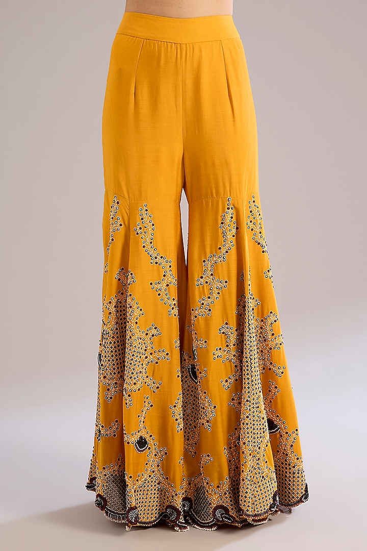 Mustard Yellow Crepe & Silk Hand Embroidered Gharara Set by Nupur Kanoi at Pernia's Pop Up Shop