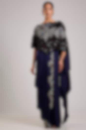 Navy Blue Satin & Silk Hand Embroidered Skirt Reception Saree Set by Nupur Kanoi at Pernia's Pop Up Shop