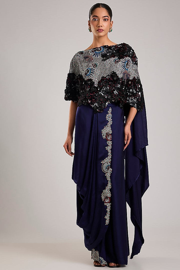 Navy Blue Satin & Silk Hand Embroidered Skirt Reception Saree Set by Nupur Kanoi at Pernia's Pop Up Shop