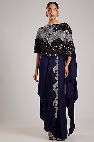 Navy Blue Satin & Silk Hand Embroidered Skirt Saree Set by Nupur Kanoi