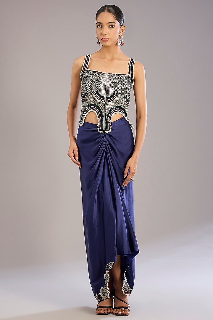 Navy Blue Satin Skirt Set by Nupur Kanoi at Pernia's Pop Up Shop