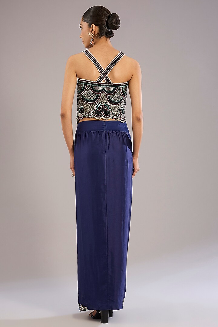 Navy Blue Satin Skirt Set by Nupur Kanoi at Pernia's Pop Up Shop