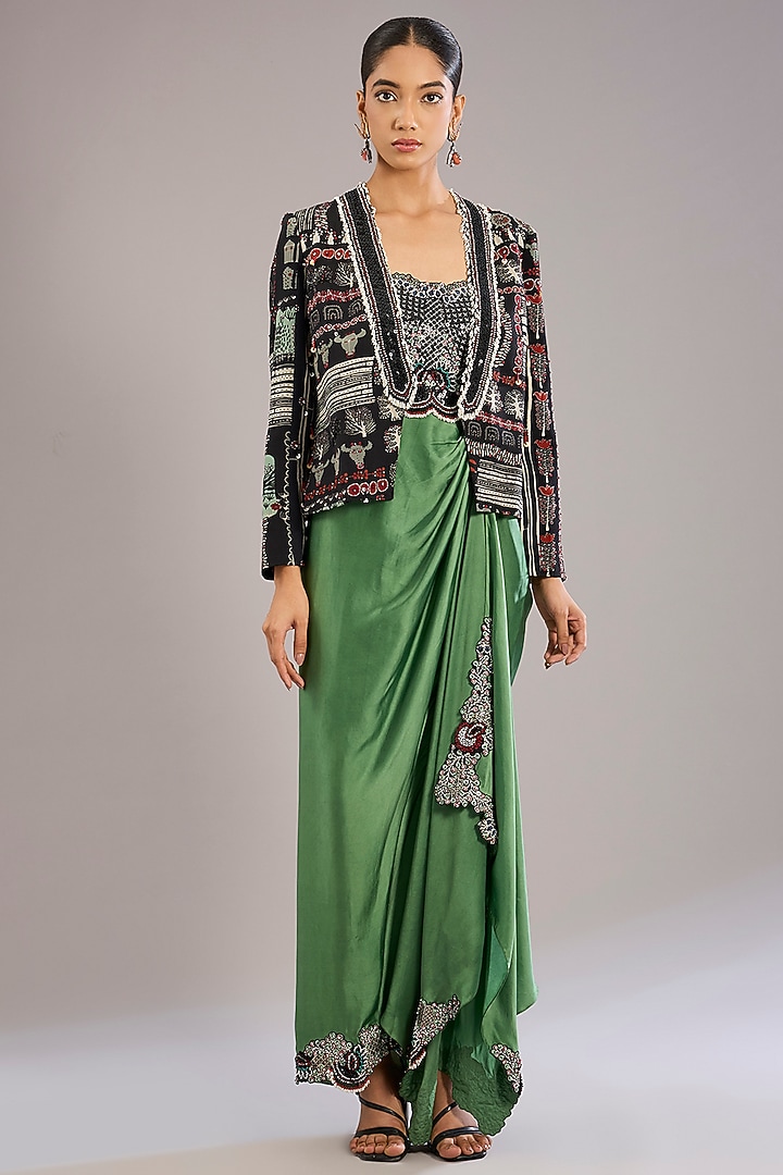 Mint & Black Satin Hand Embroidered Blazer Party Wear Dress by Nupur Kanoi at Pernia's Pop Up Shop
