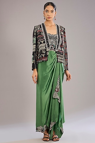 Mint & Black Satin Hand Embroidered Blazer Dress by Nupur Kanoi