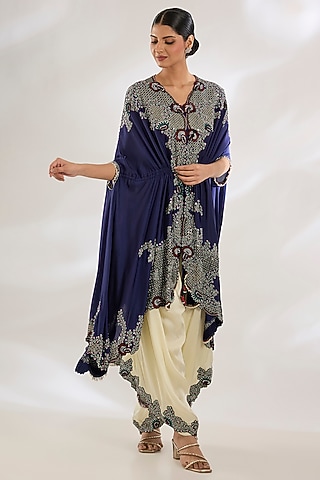 Navy Silk & Crepe Hand Embroidered Cape Set by Nupur Kanoi