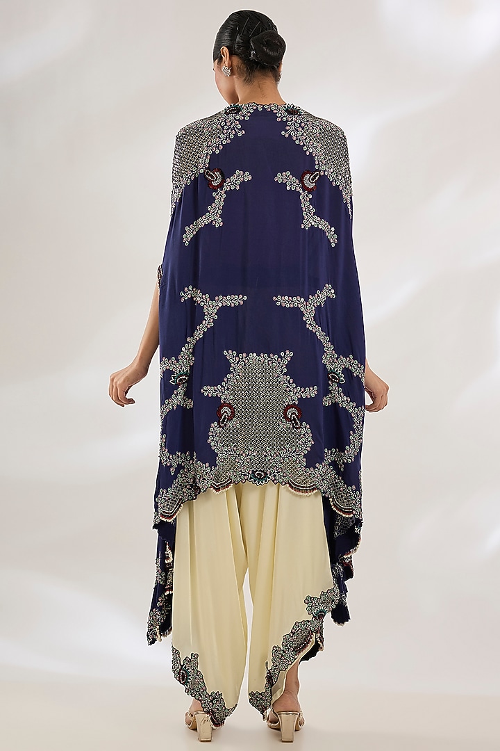 Navy Silk & Crepe Hand Embroidered Cape Set by Nupur Kanoi at Pernia's Pop Up Shop