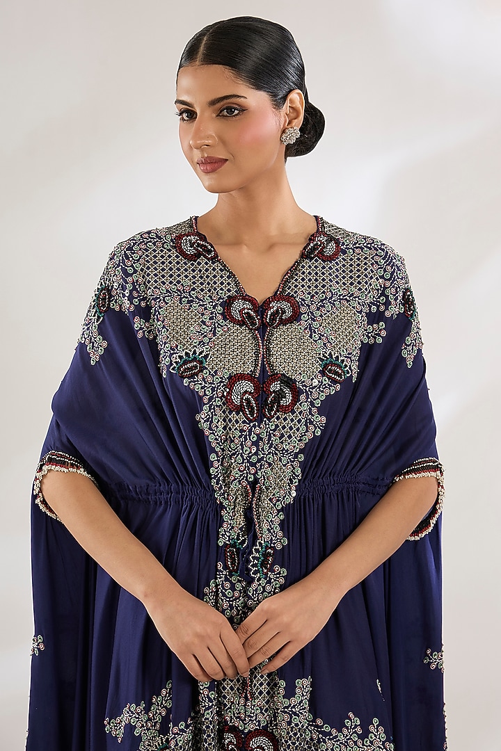 Navy Silk & Crepe Hand Embroidered Cape Set by Nupur Kanoi at Pernia's Pop Up Shop