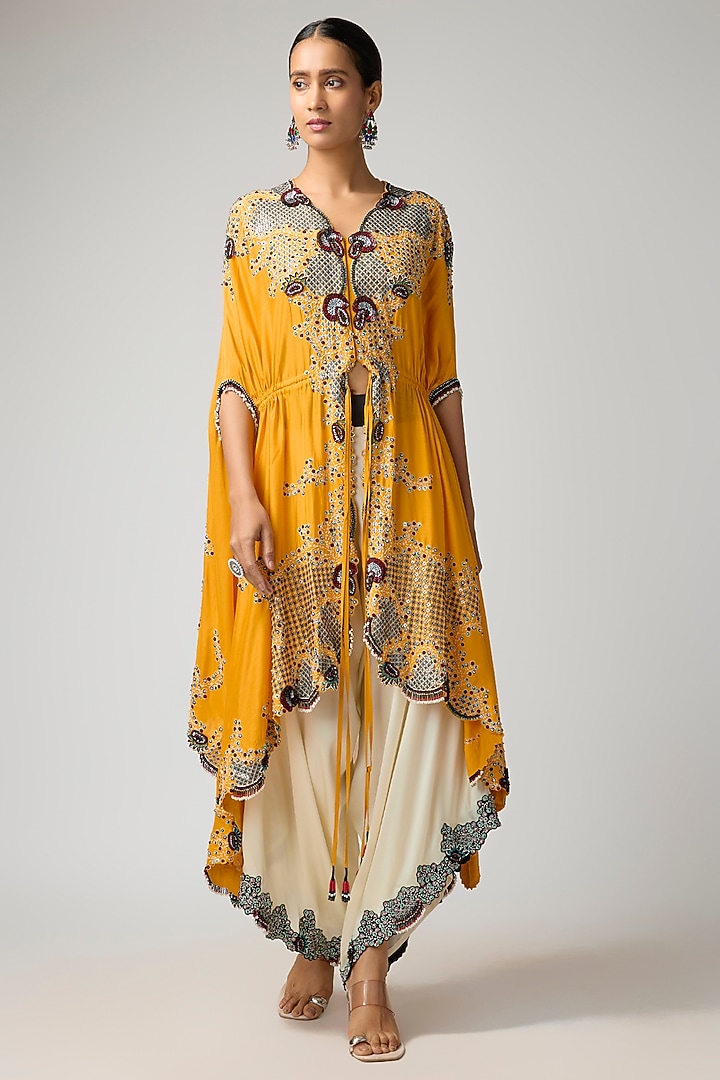 Mustard Silk Satin Hand Embroidered Cape Set by Nupur Kanoi at Pernia's Pop Up Shop