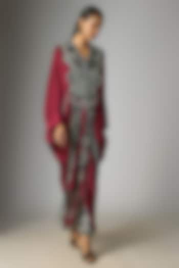 Burgundy Satin Bead Hand Embroidered Skirt Set by Nupur Kanoi at Pernia's Pop Up Shop