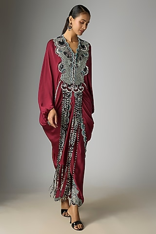 Burgundy Satin Bead Hand Embroidered Skirt Set by Nupur Kanoi