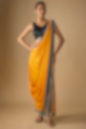 Mustard Satin Pre-Draped Reception Saree Set by Nupur Kanoi at Pernia's Pop Up Shop