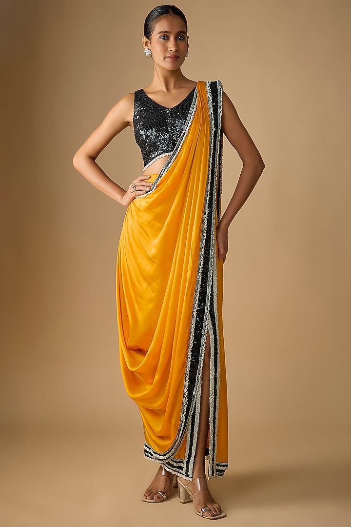 Mustard Satin Pre-Draped Reception Saree Set by Nupur Kanoi at Pernia's Pop Up Shop