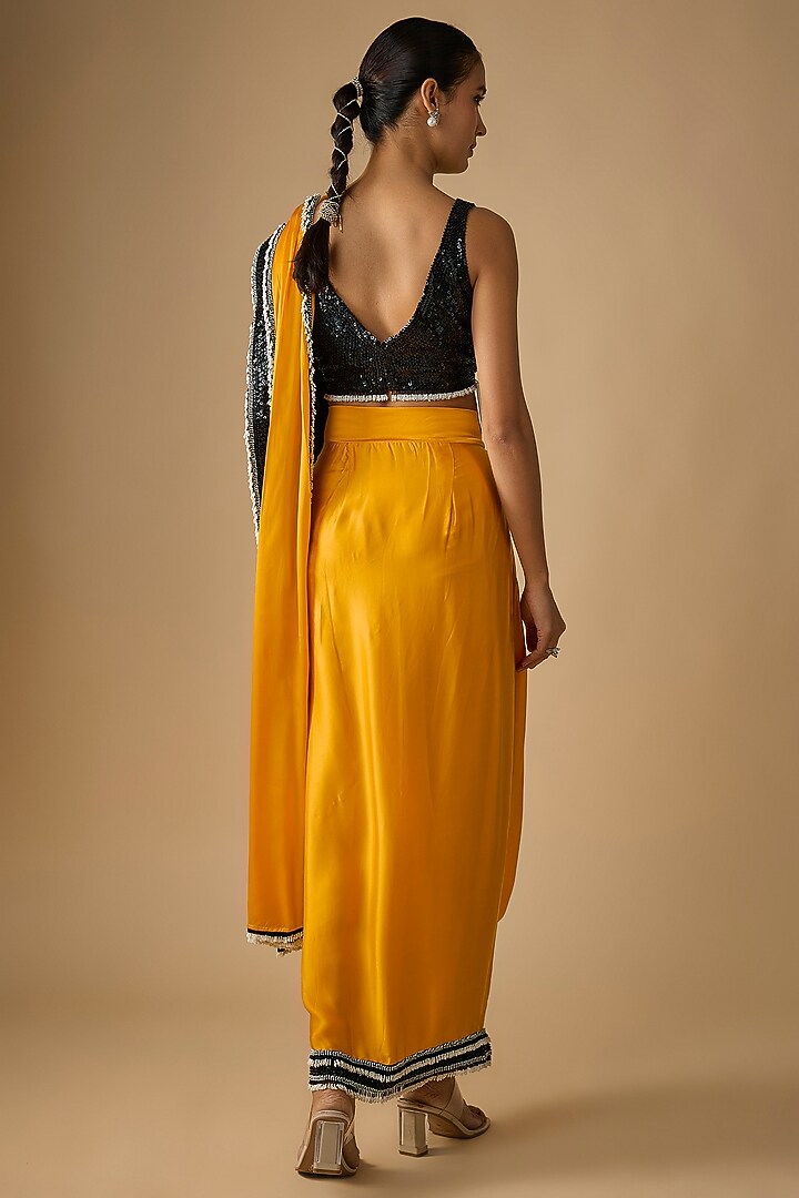 Mustard Satin Pre-Draped Reception Saree Set by Nupur Kanoi at Pernia's Pop Up Shop