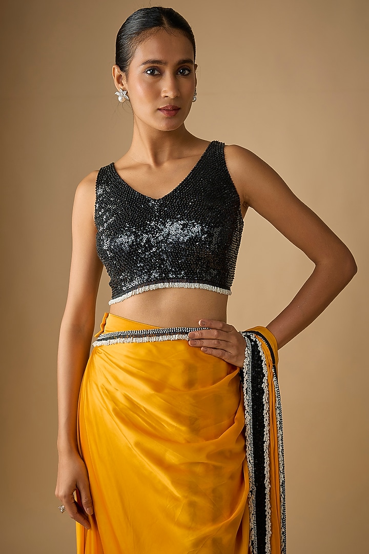 Mustard Satin Pre-Draped Reception Saree Set by Nupur Kanoi at Pernia's Pop Up Shop