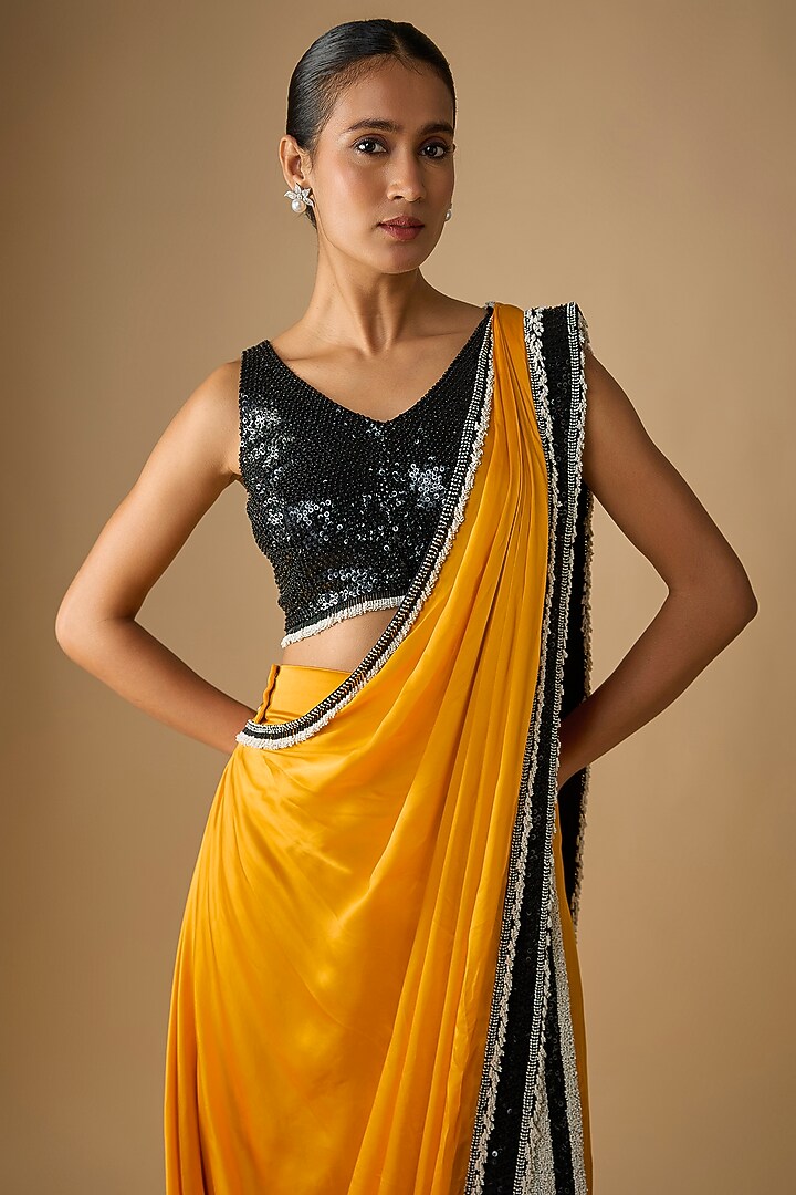 Mustard Satin Pre-Draped Reception Saree Set by Nupur Kanoi at Pernia's Pop Up Shop