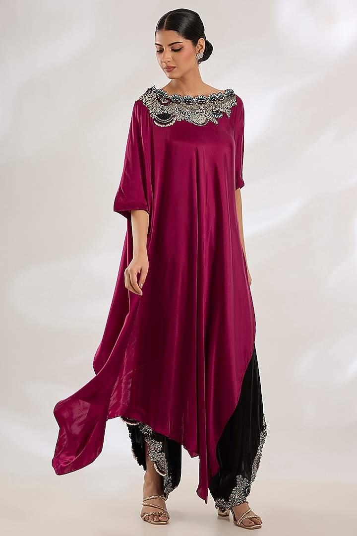 Black Satin Hand Embroidered Draped Pant Set by Nupur Kanoi at Pernia's Pop Up Shop