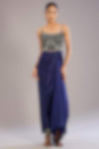 Navy Blue Satin & Crepe Hand Embroidered Cocktail Dress by Nupur Kanoi at Pernia's Pop Up Shop