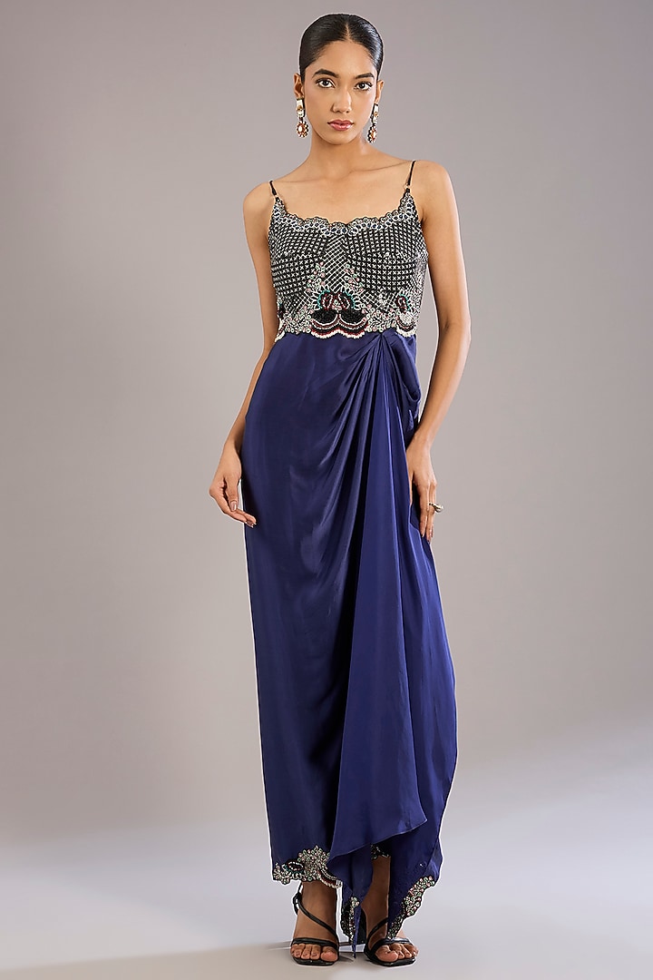Navy Blue Satin & Crepe Hand Embroidered Cocktail Dress by Nupur Kanoi at Pernia's Pop Up Shop