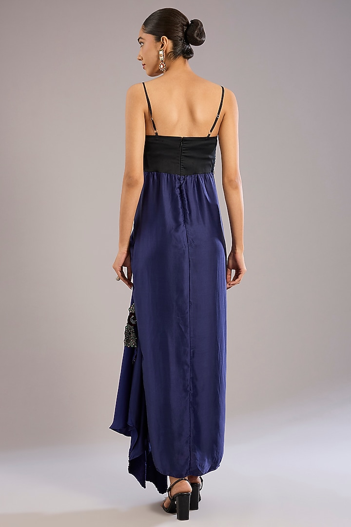 Navy Blue Satin & Crepe Hand Embroidered Cocktail Dress by Nupur Kanoi at Pernia's Pop Up Shop