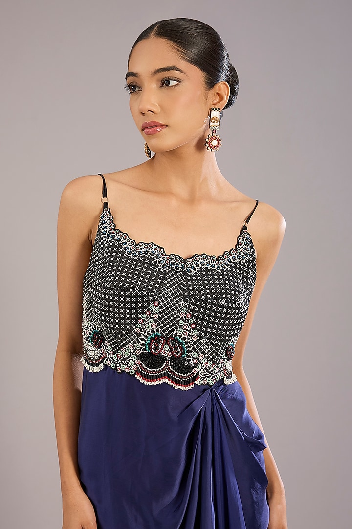 Navy Blue Satin & Crepe Hand Embroidered Cocktail Dress by Nupur Kanoi at Pernia's Pop Up Shop