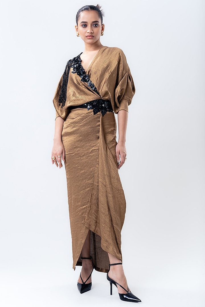 Gold Banarasi Silk Wrap Party Wear Dress by Nupur Kanoi at Pernia's Pop Up Shop