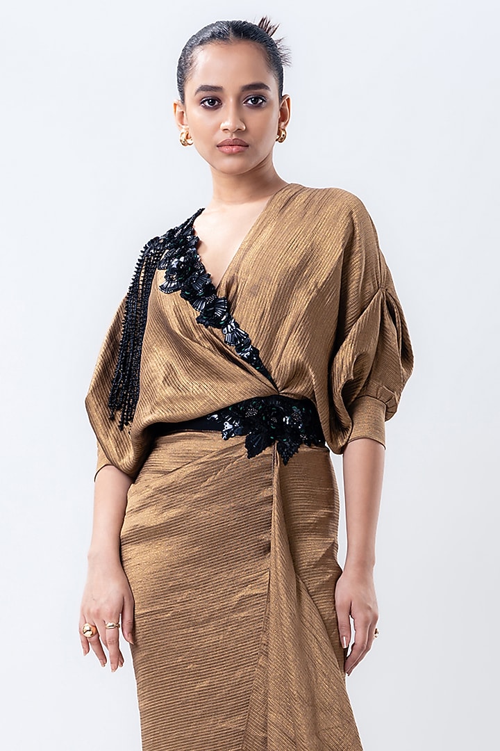 Gold Banarasi Silk Wrap Party Wear Dress by Nupur Kanoi at Pernia's Pop Up Shop