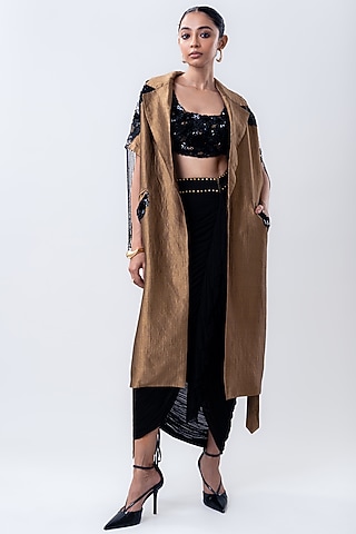 Gold Banarasi Silk Trench Coat Set by Nupur Kanoi